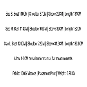 Größentabelle und Materialdetails für langen Damen-Viskose-Kimono-Cardigan mit Print