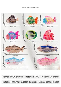 Macro view showing detailed dimensions of various ocean animal shaped PVC hair claws