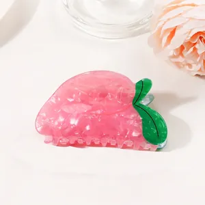 Pinza para el pelo de fresa rosa de acetato con detalle de hoja verde para peinado mujer