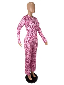 Women's 2 piece pink leopard print tracksuit set with zip-up hoodie and long pants