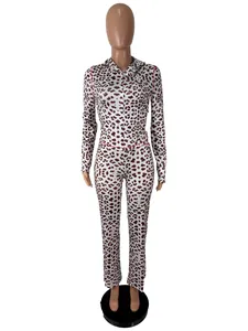 Full front view of a stylish leopard print hooded jumpsuit with functional zipper detail