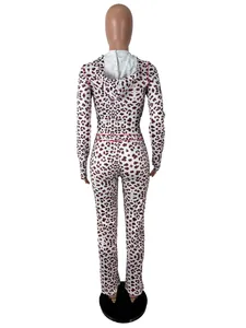 Back view of fashionable leopard print hooded zip-up cardigan and long pants two-piece set