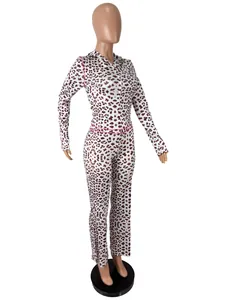 Full view of fashionable leopard print two-piece set with zip hoodie and pants on mannequin