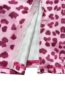 Close-up detail of zipper and pink leopard print on autumn fashion tracksuit set