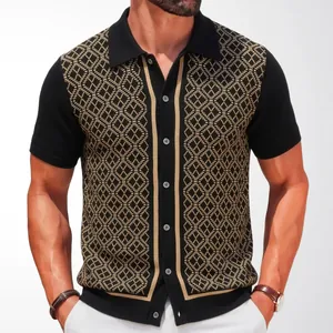 Herren Vintage Strick-Polohemd kurzarm mit geometrischem Jacquard-Muster Retro