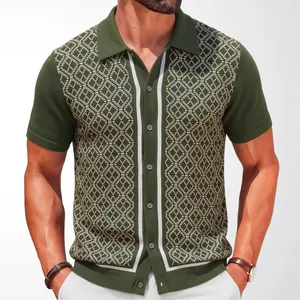 Modischer olivgrüner Herren-Strick-Polo-Cardigan mit Kurzarm und Rautenmuster-Jacquard