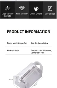White nylon mesh storage bag for cosmetics and data cables with size labels
