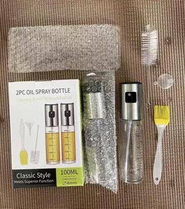 Set of two 100ml stainless steel glass oil spray bottles with cleaning brush and funnel