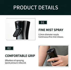 Detailed view of the 0.3mm fine mist nozzle and ergonomic handle on black kitchen oil sprayer