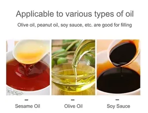 Kitchen oil sprayer bottle showing compatibility with olive oil, soy sauce, and sesame oil