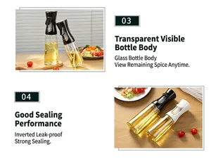 Detail of transparent glass oil sprayer showing visible liquid level and leak-proof seal