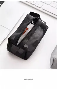 Close-up of black breathable mesh storage bag highlighting its fine nylon texture.