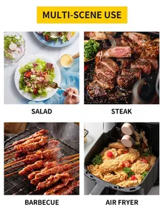 Usage scenarios for oil sprayer: salad, steak, BBQ, and air fryer foods.
