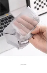 Detailed view of a small grey mesh organizer pouch showing transparency and smooth zipper