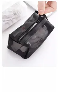 Close-up of black nylon mesh storage bag with zipper detail for easy organization