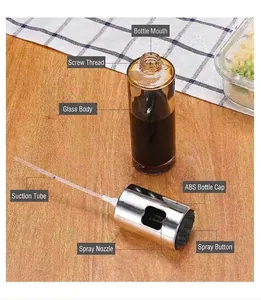 Exploded view of kitchen spray oil bottle parts including glass body and nozzle