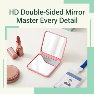 High-definition portable pink square double-sided folding makeup mirror for travel and daily use