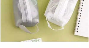 Detailed view of gray and white nylon mesh pouches for cables and small accessories