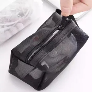 Portable black transparent mesh storage bag with zipper for small items organizer