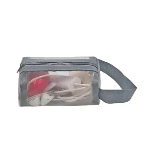 Portable grey mesh nylon storage bag for electronics accessories and makeup items
