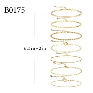 Vue détaillée montrant 7 modèles de bracelets en chaîne dorée avec longueur 6.3in+2in