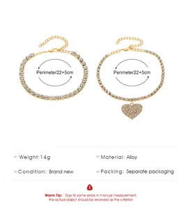 Detailed view of gold rhinestone heart anklet set with measurements and material info