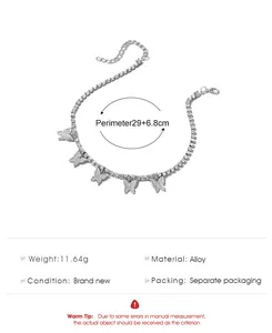 Detailed view of shiny butterfly rhinestone anklet with product parameters and size