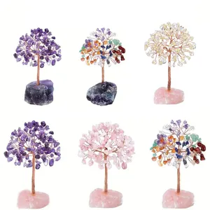 Natural Amethyst Rose Quartz Money Tree Handmade Copper Wire Wrapped Crystal Lucky Tree For Wealth Luck Home Office Table Decoration