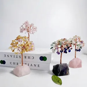 Natural amethyst and rose quartz crystal money trees on copper wire for home decor