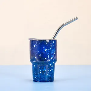 Gobelet isotherme de 3 oz avec motif d'éclaboussures bleues et paille en inox