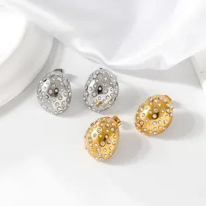 Geometric Stainless Steel Water Drop Stud Earrings For Women 18K Gold Plated Rhinestone Artificial Pearl Inlaid Jewelry