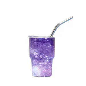 Gobelet isotherme 3oz avec motif galaxie violette, couvercle transparent et paille en métal