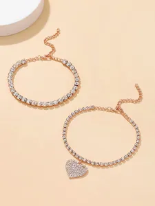 Rose gold rhinestone heart anklet set with sparkling tennis chain for women's beach style.