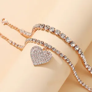 Elegant rose gold heart pendant rhinestone anklet set for summer beach and wedding fashion