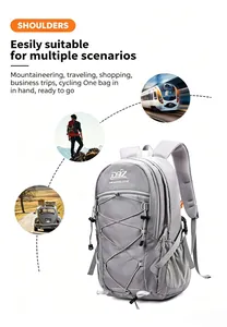 Detail eines grauen multifunktionalen Outdoor-Rucksacks mit Szenario-Illustrationen