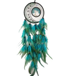 Handmade teal tree of life dreamcatcher with crescent moon and vibrant hanging feathers