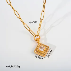 Detail of gold-colored stainless steel necklace with 14.3mm square pendant dimensions