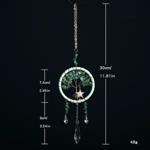 Green crystal Tree of Life dreamcatcher car hanging ornament with star and drop pendants