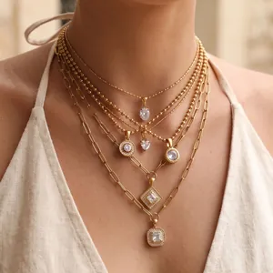 Layered gold stainless steel necklaces with geometric zircon pendants for women