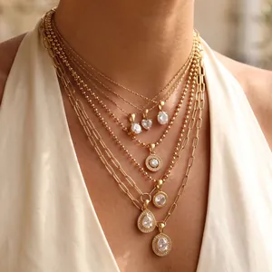 Elegant layered gold stainless steel necklace set with crystal geometric pendants