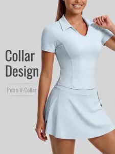 Women's Slim Fit Yoga T-Shirt Lapel V-Neck Short Sleeve Top Polyester Spandex Breathable Sports Polo For Tennis Gym