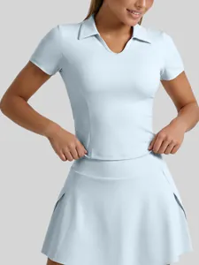 Women's light blue slim fit polo neck short-sleeve sports shirt for yoga and tennis
