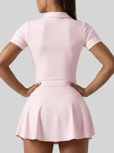 Back view of a pink slim-fit short-sleeve polo top for women's yoga and fitness.