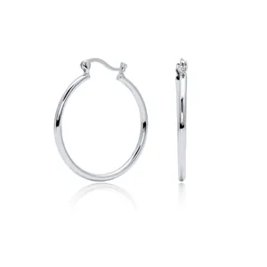 Detailed view of polished S925 sterling silver hoop earrings on a white background.