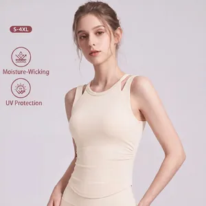 Close-up of cream yoga tank top showing moisture-wicking and UV protection features