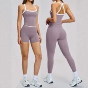 Detail view of purple yoga set with thin straps and white trim, shown in two styles.
