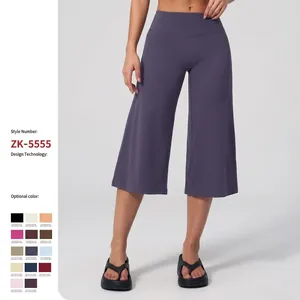 High-waist wide-leg yoga pants capris length workout trousers available in multiple colors.