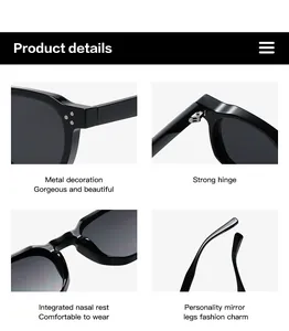 Detailed close-ups of black round sunglasses showing hinges, nose pads, and rivets.
