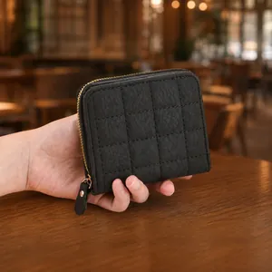Women Quilted PU Leather Short Wallet Zipper Coin Purse Multi Card Slots Chic Minimalist Small Square Pouch