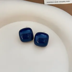 Elegant minimalist dark blue square resin stud earrings featuring silver pins for women